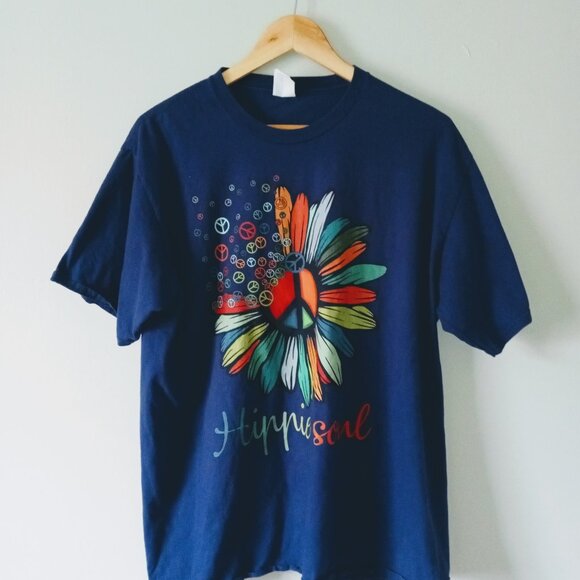 Navy Blue Ranbow Daisy Peace Sign Hippy Soul Short Sleeve Tee - Picture 1 of 5